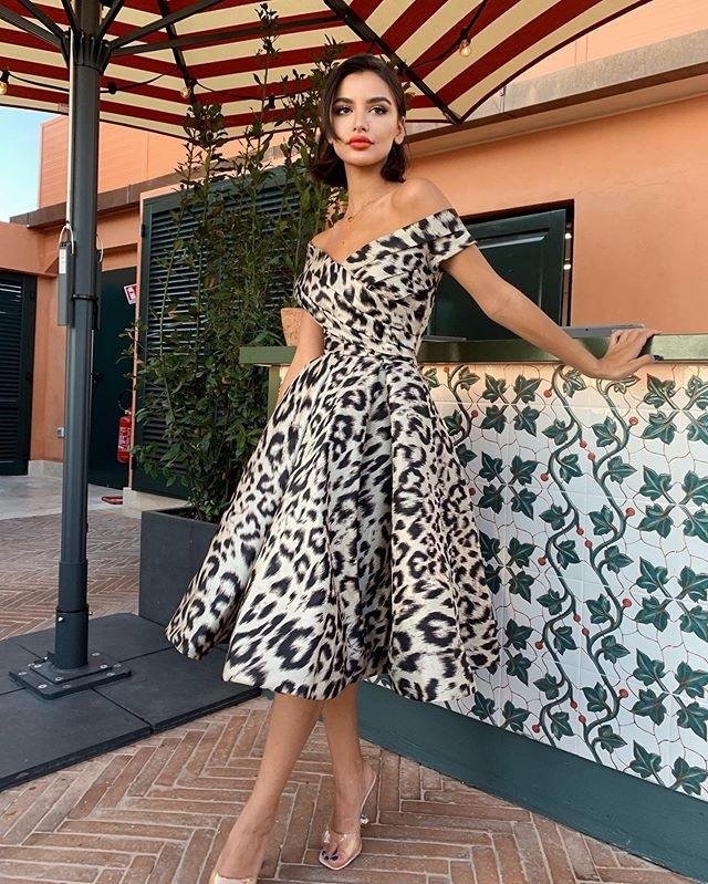 Promsstyle Leopard print off shoulder midi swing dress Prom Dress 2023