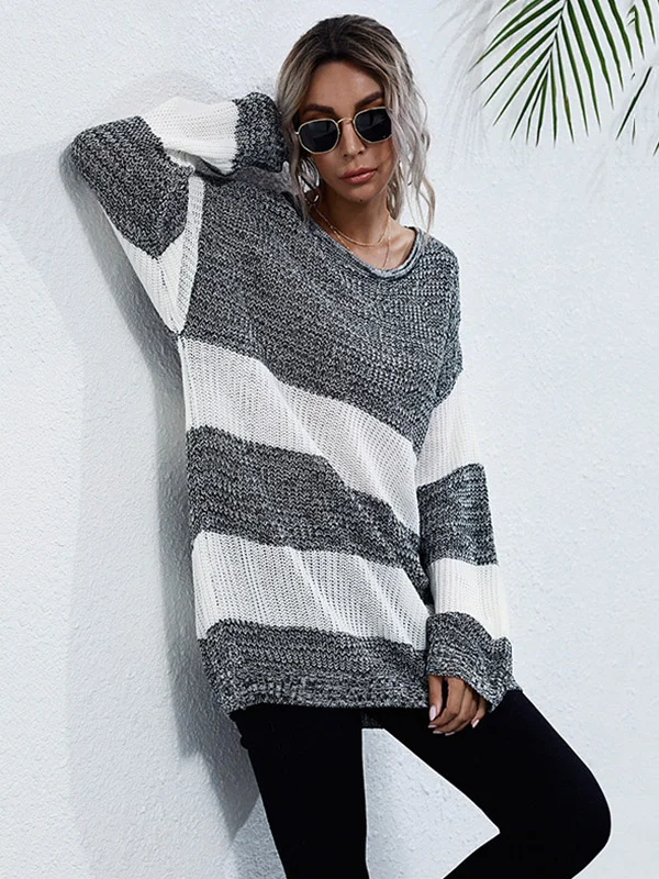 Simple Loose Contrast Color Striped Round-Neck Sweater