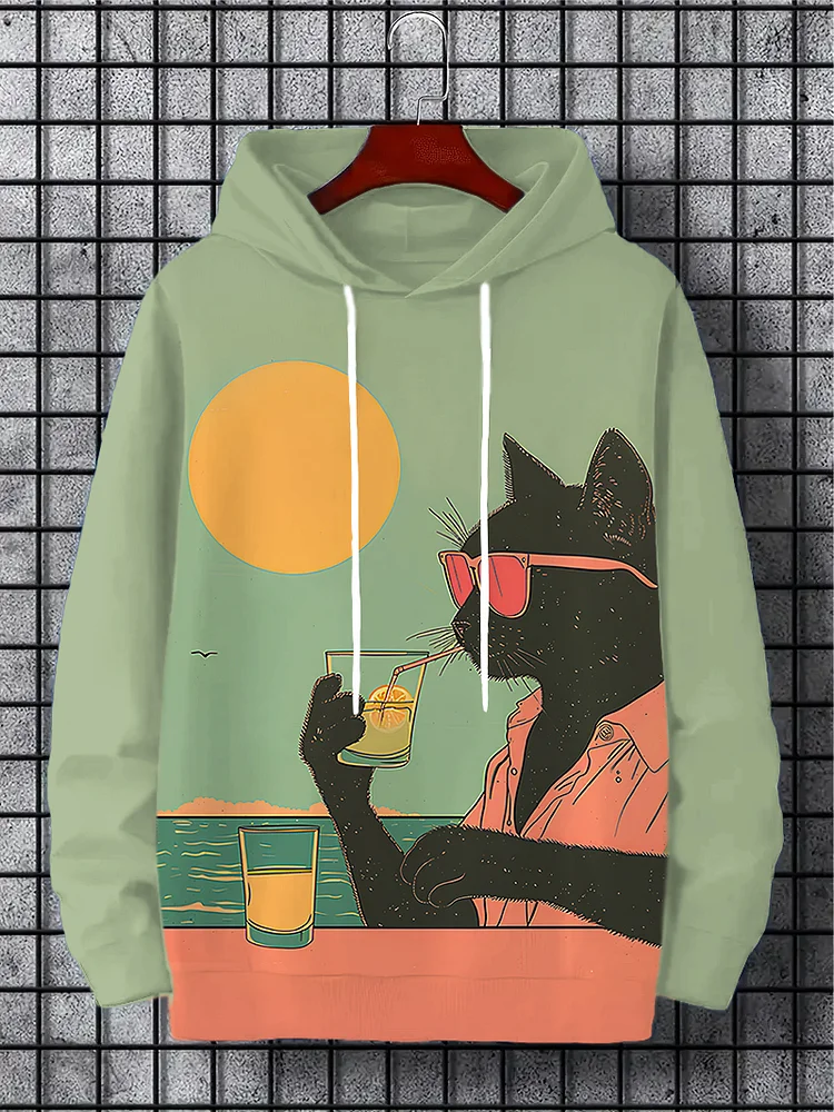 Men's Sunglasses Black Cat Seaside Vacation Contrast Color Art Print Casual Hoodie