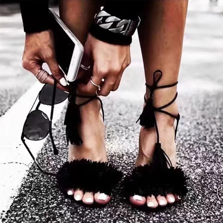 Black Fringe Sandals Open Toe Fringe Stiletto Heels |FSJ Shoes