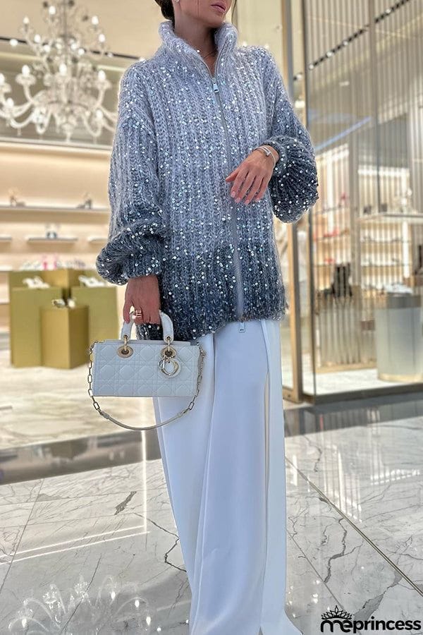 Warm Shining Heart Knit Sequin Balloon Sleeve Zipper Neck Loose Cardigan