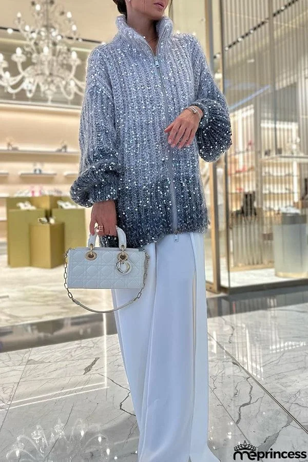 Warm Shining Heart Knit Sequin Balloon Sleeve Zipper Neck Loose Cardigan