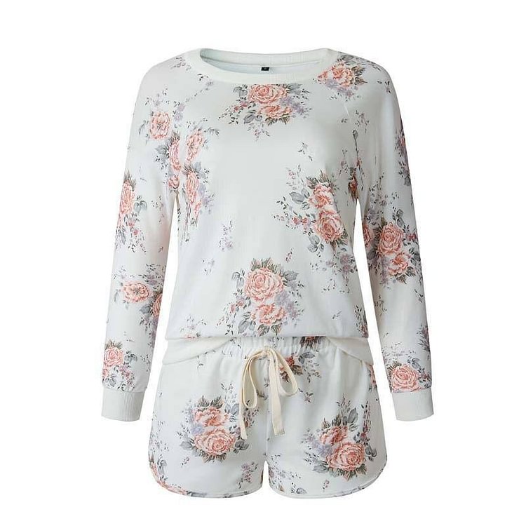Flower Print Sweat Suits Women Two Piece Set Home Ladies Tracksuits Long Sleeve Top and Pant Mini Shorts Sexy Set Sweatsuit