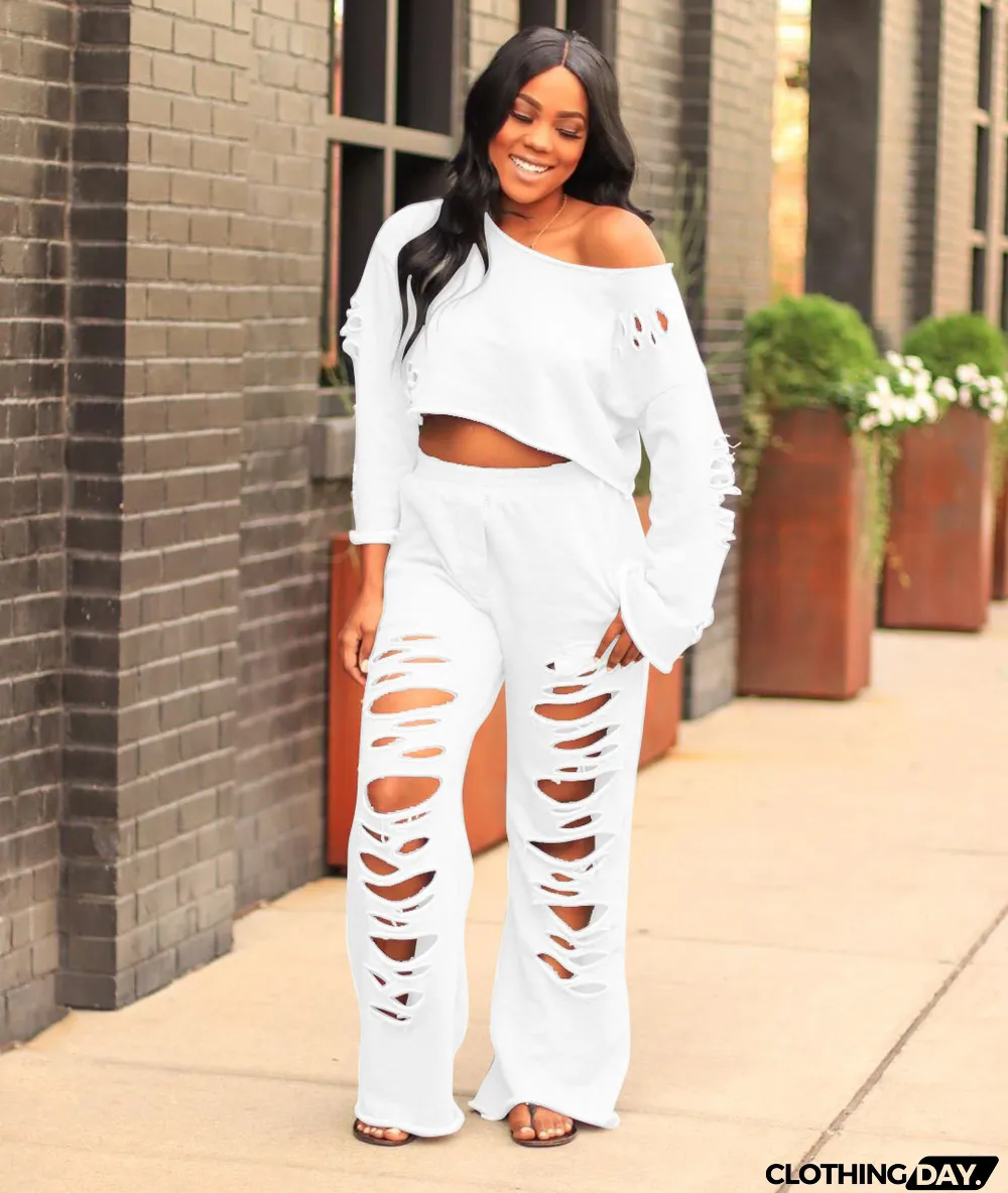Casual Solid Color Ripped Flared Pants Suit