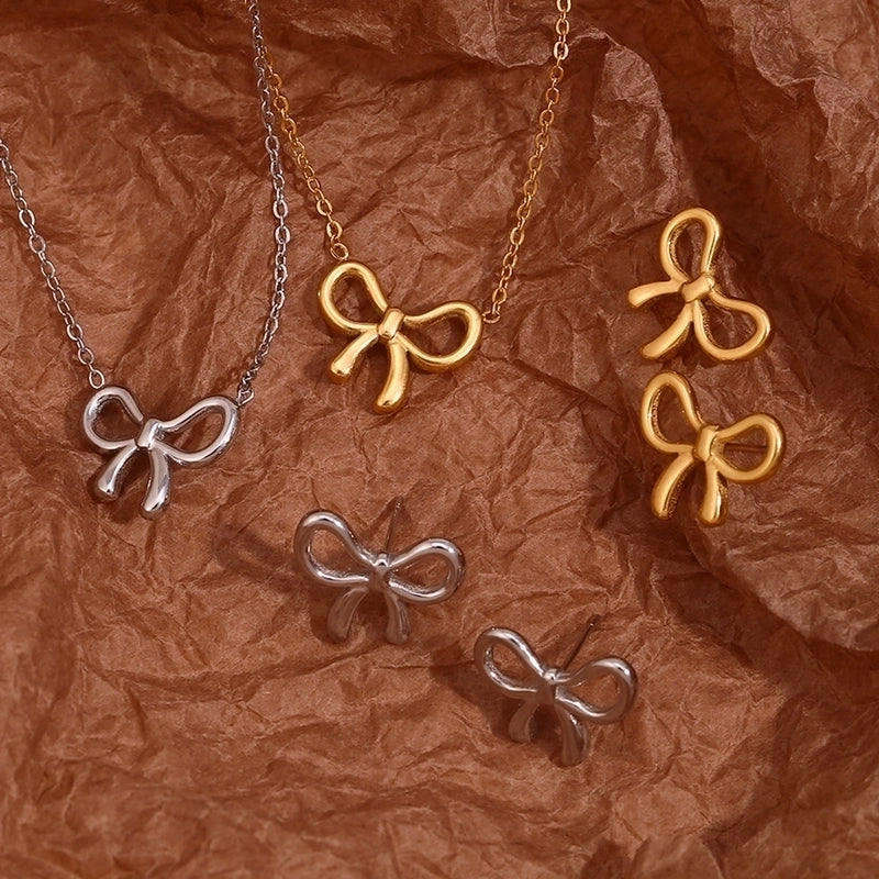 304 Stainless Steel 18K Gold Plated Sweet Minimalist Classic Style Plating Bow Knot Earrings Necklace