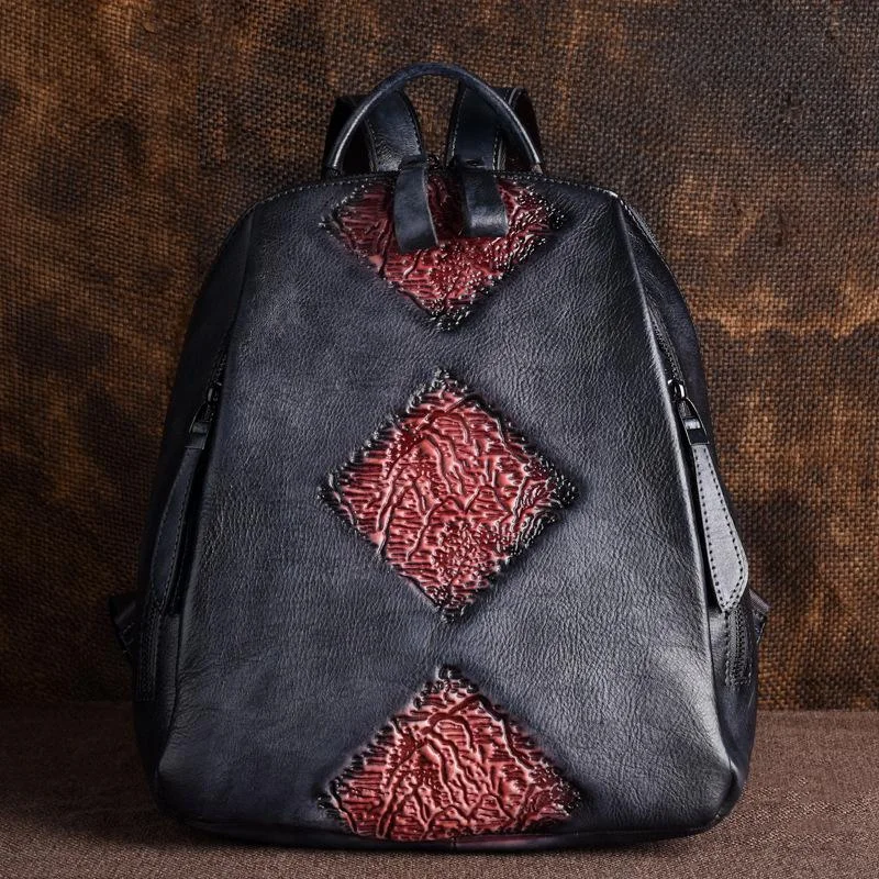 Handmade Retro Embossed Floral Backpack For Women Genuine Cowhide Leather Fashion Women Bag Solid Color Muti-function Backpacks