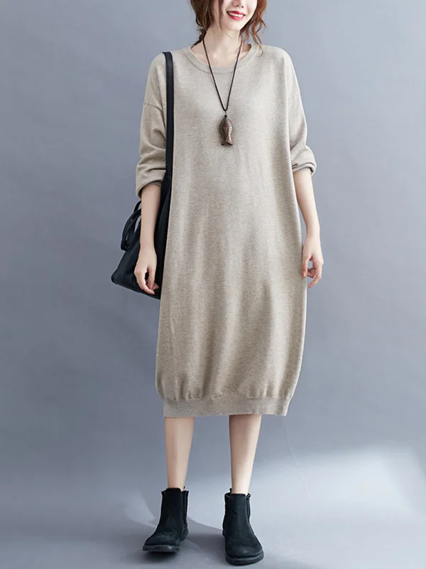 Casual Loose 5 Colors Round-Neck Long Sleeves Sweater Dress