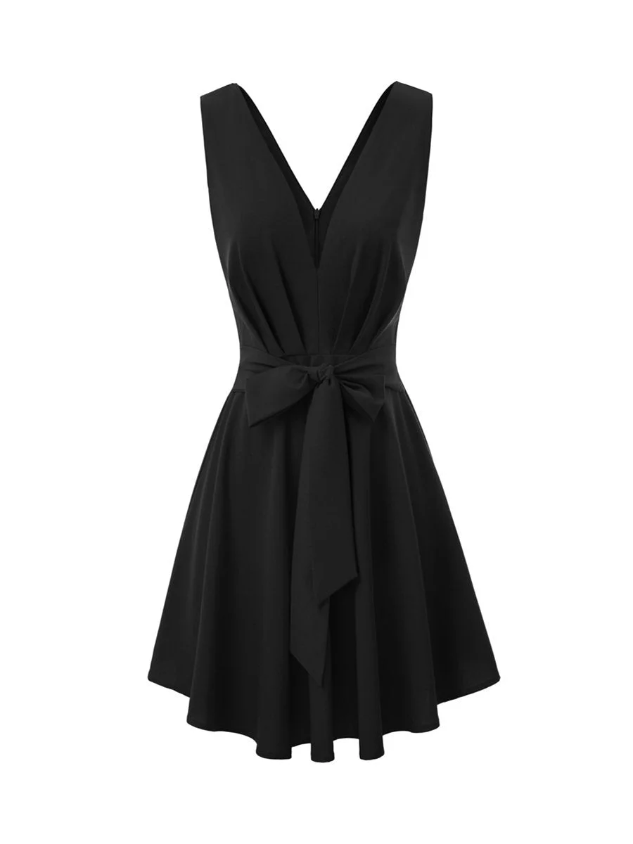 Sexy V-Neck Party Dress Tie Front Ruched Swing Dress