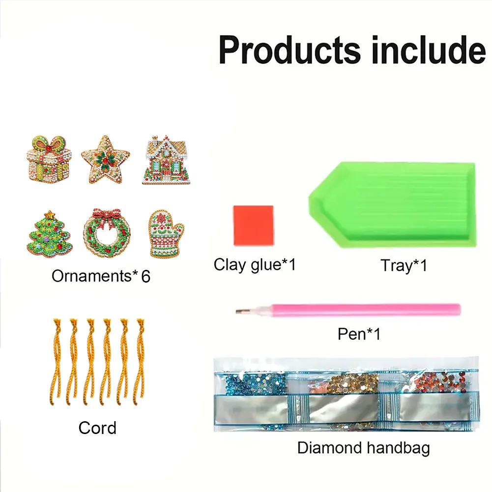 6pcs Xmas Cookies 2D Flat DIY Diamond Painting Art Pendant Wall Door Decoration