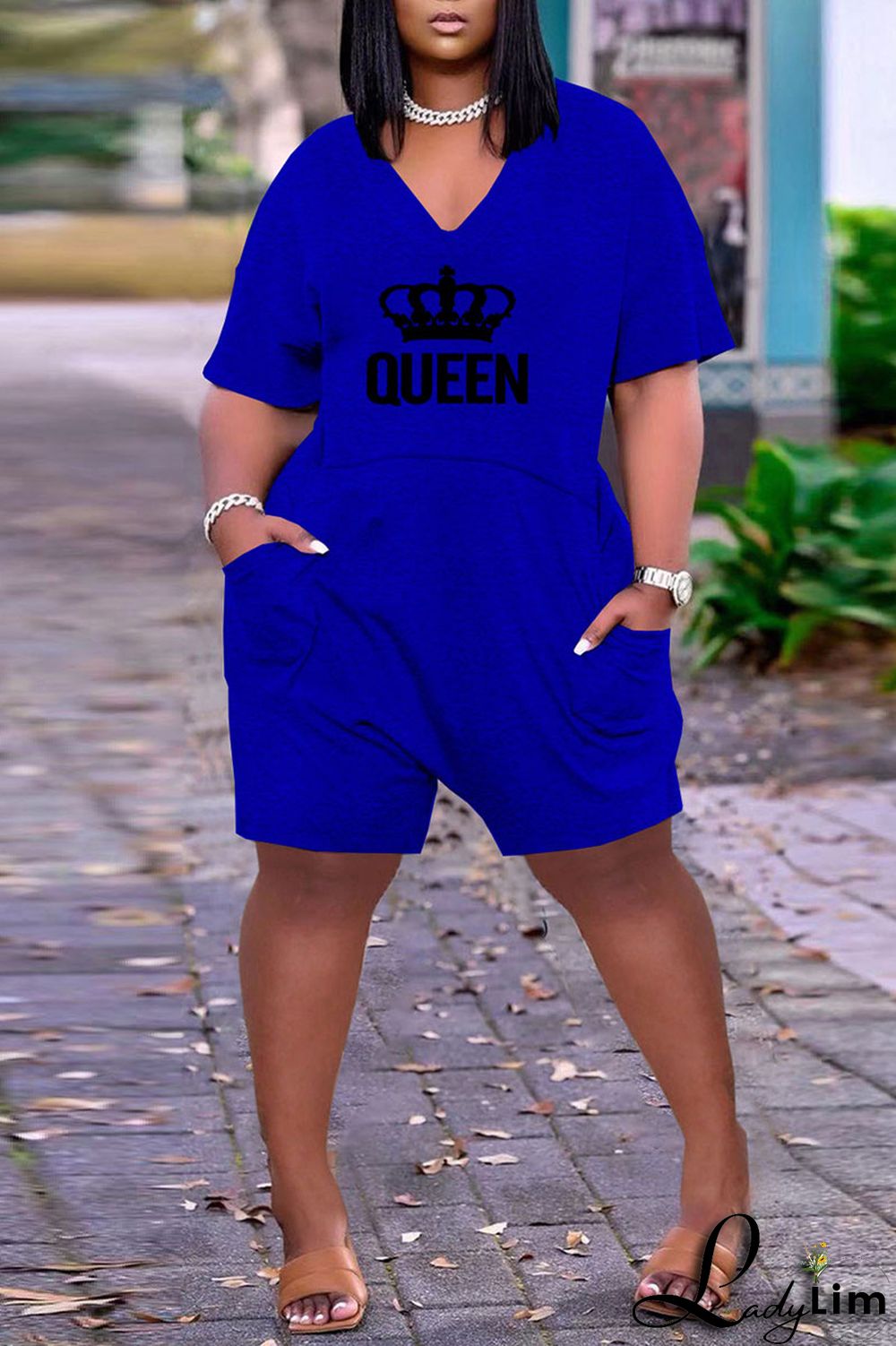 Light Gray Casual Print Split Joint Pocket V Neck Loose Jumpsuits