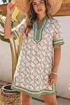 Women's Vintage Boho Geometric Flower Print Short Sleeve Loose Mini Dress