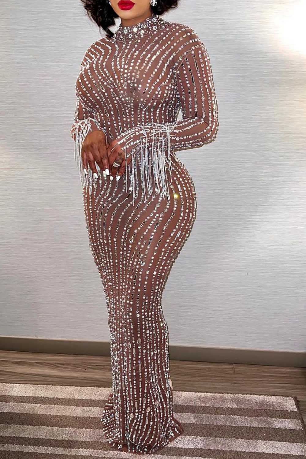 Plus Size Party Dress Apricot Sequin Tassels Fringe Slim Fit Long Sleeve Maxi Dress