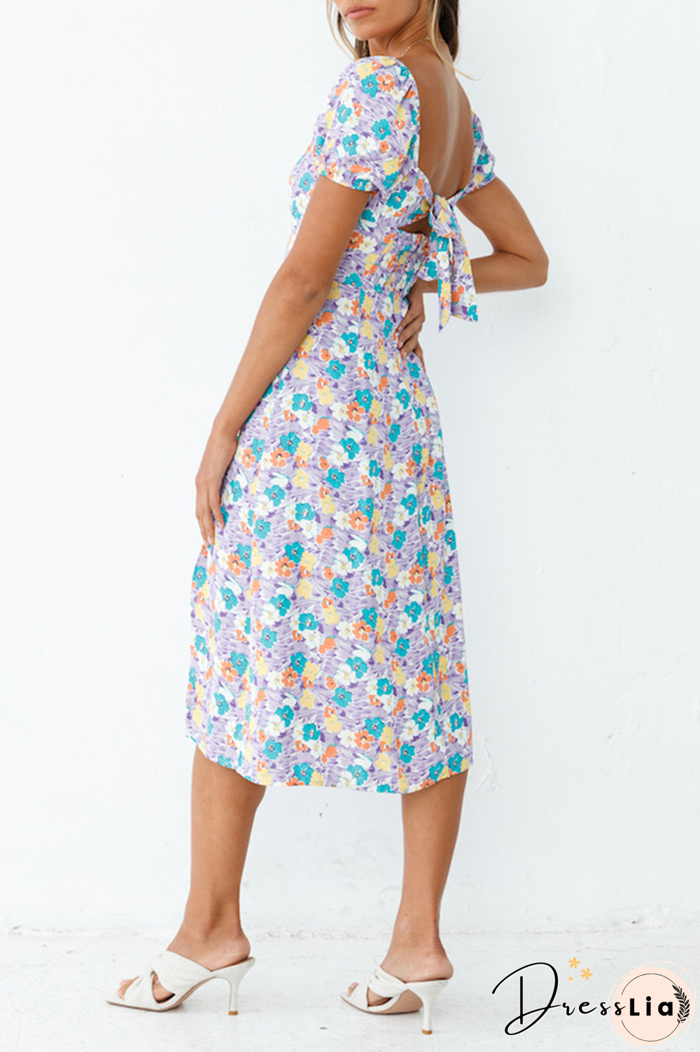 Elegant Floral Slit Strap Design Square Collar A Line Dresses