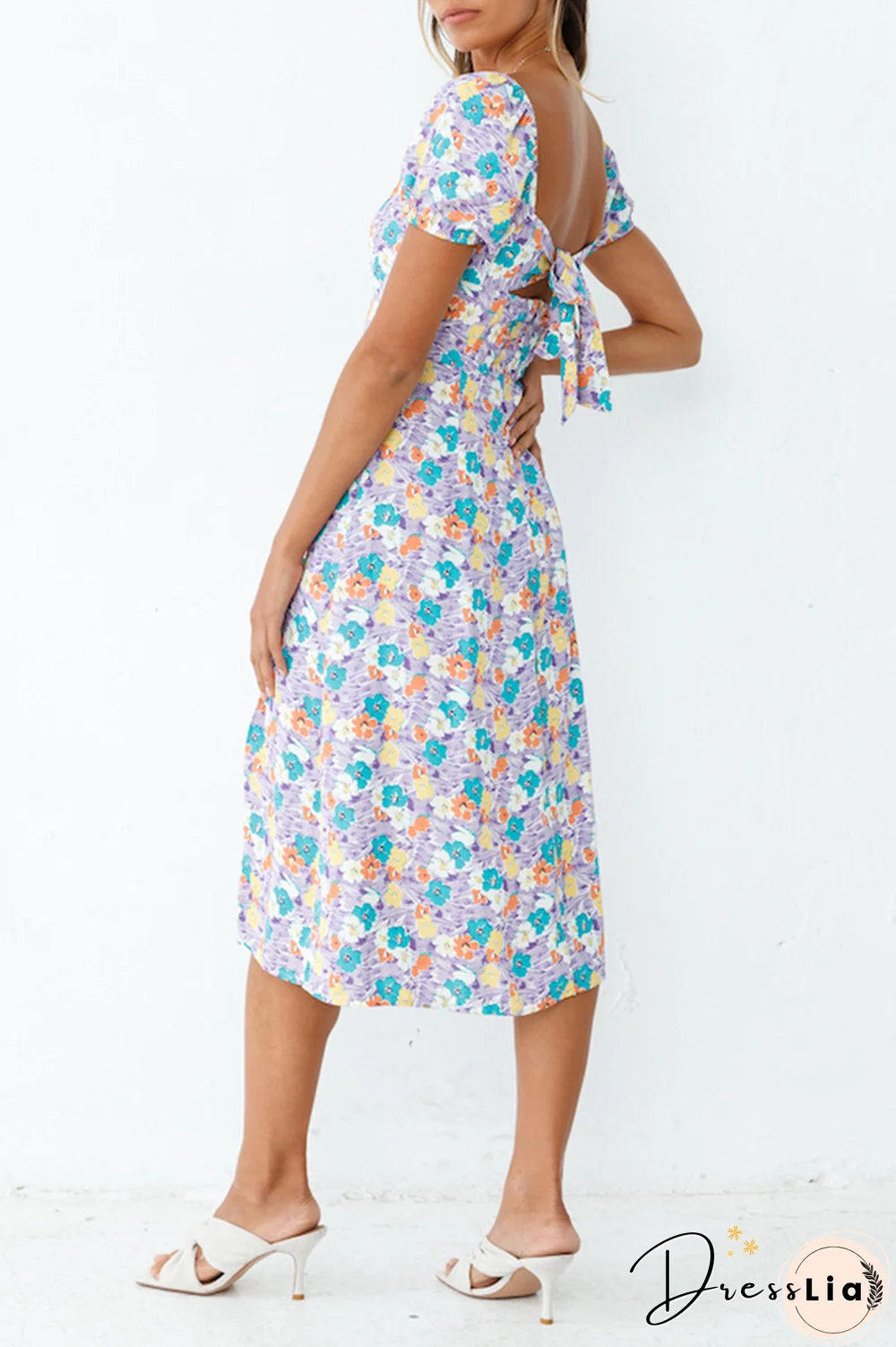 Elegant Floral Slit Strap Design Square Collar A Line Dresses