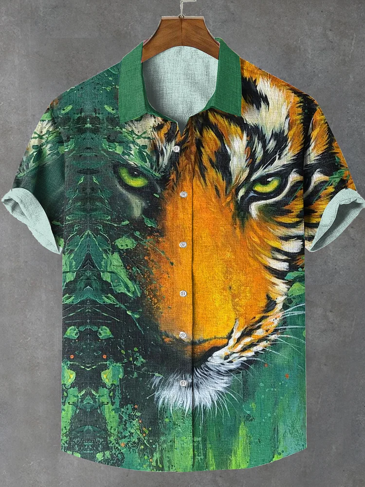 Men's African Tropical Forest Tiger Oil Painting Print Linen Blend Shirt