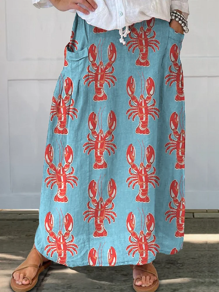 Lobster Repeat Pattern Printed Women's Linen Pocket Skirt