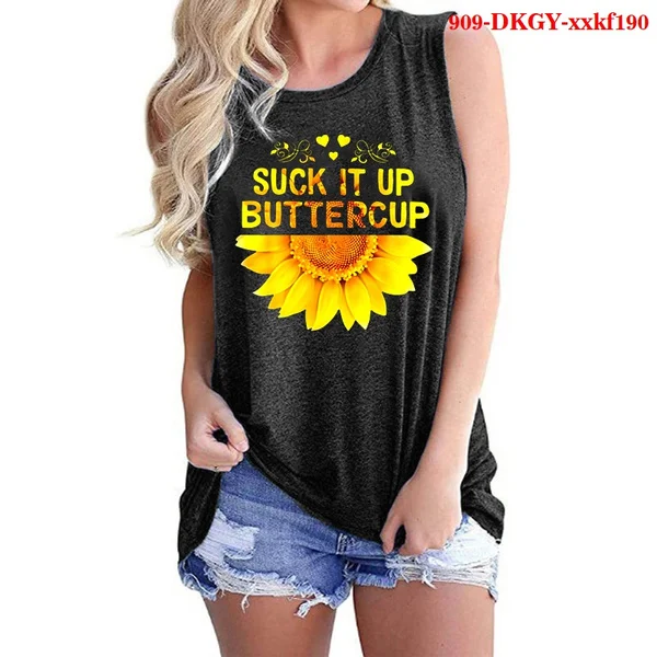 Summer Top Women Sleeveless IT UP Sunflower T-Shirts Casual Off Shoulder Printing O Neck Tank Top Vintage Fashion Streetwear