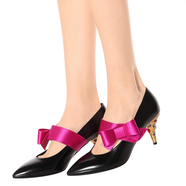 Black Colors Rhinestone Cone Heels Mary Jane Pumps with Hot Pink Bow |FSJ Shoes