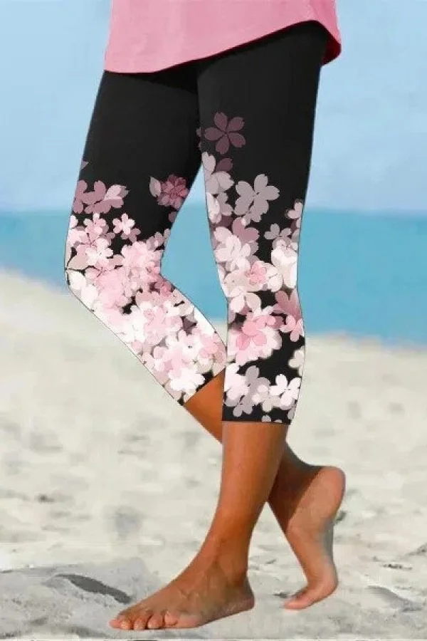 Cherry Blossom Print Casual Cropped Leggings