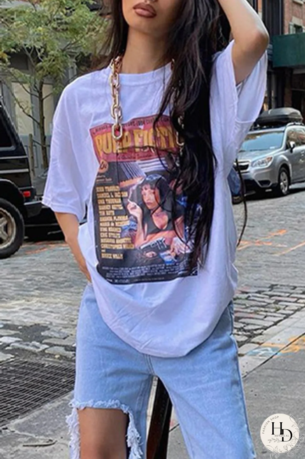 Black Casual Print Split Joint O Neck T-Shirts