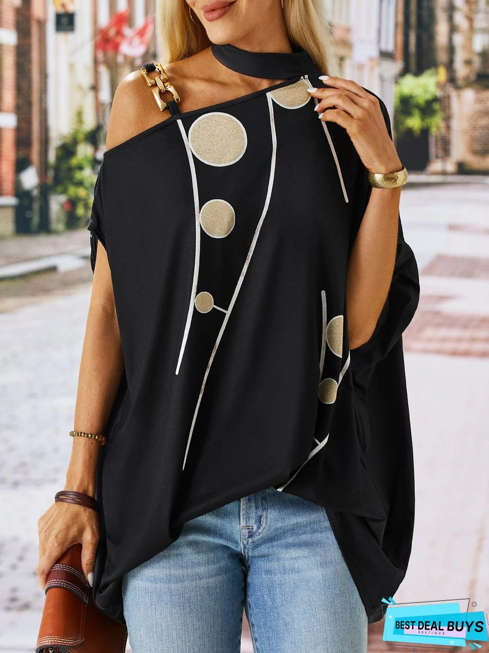 Polka Dots Short Sleeve Button Halter Casual Top