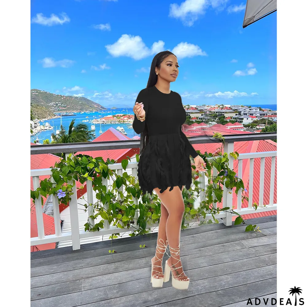 Solid Color O Neck Tassel Mini Dress