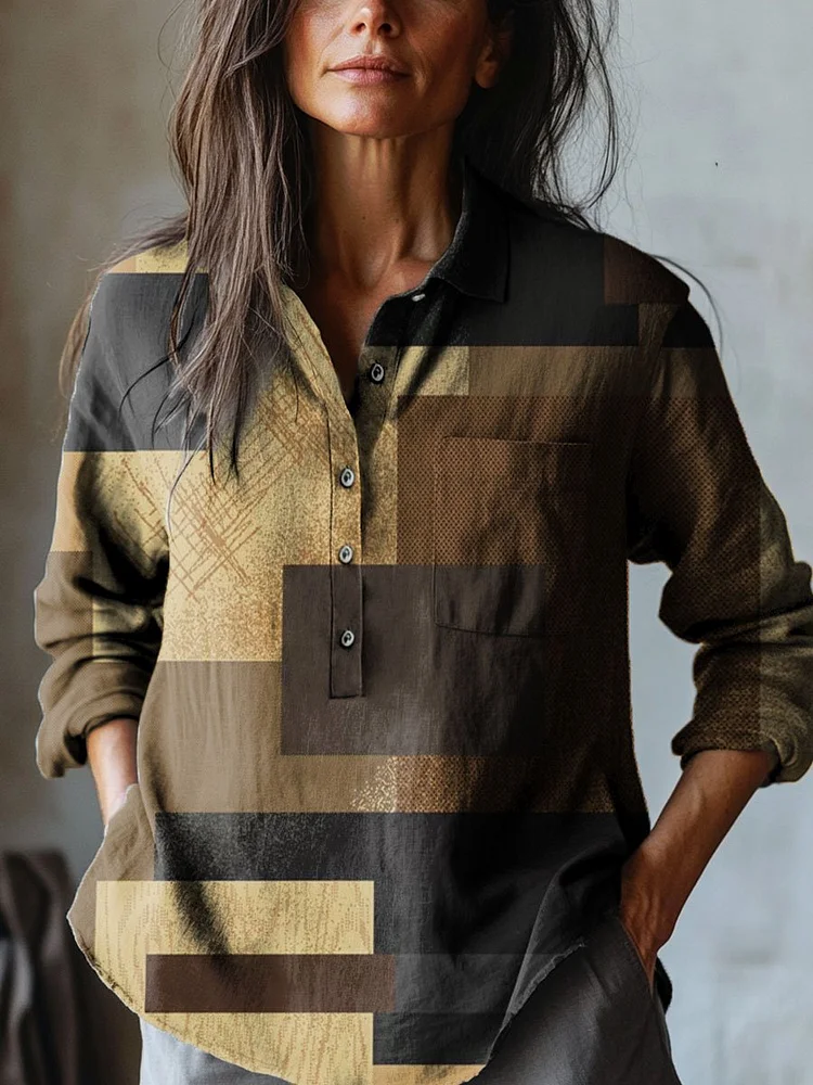 Women's Retro Block Art Print Casual Cotton And Linen Shirt