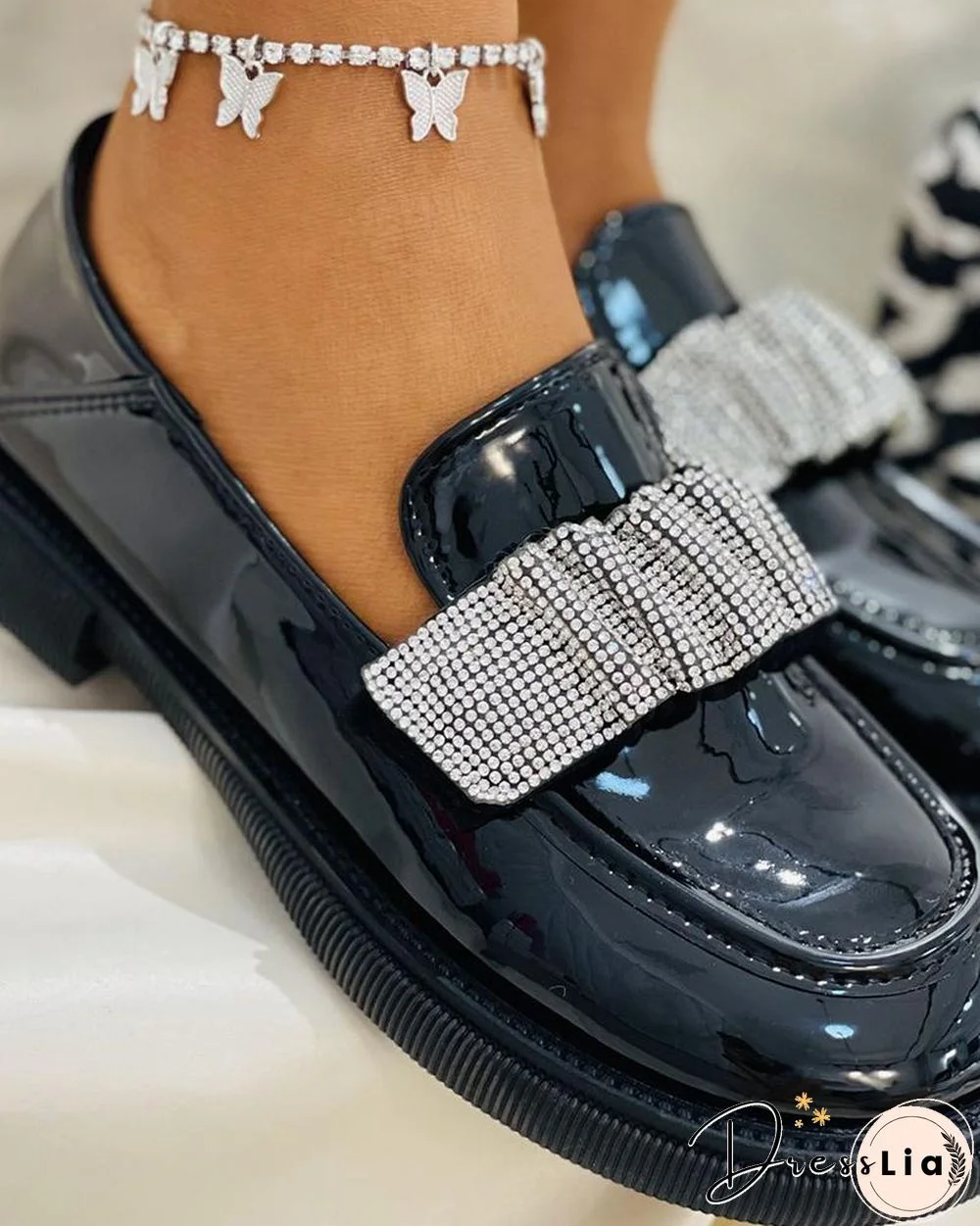 Studded Ruched Strap Slip On Loafers