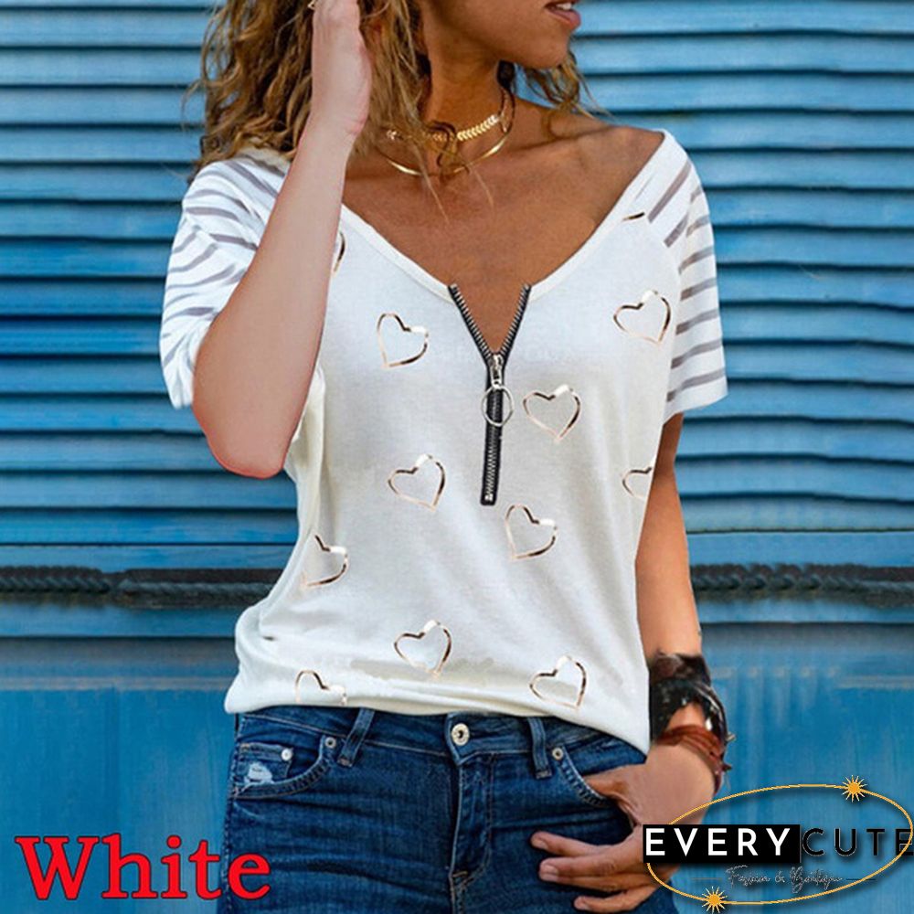 New Summer Fashion Women Striped Printed Short Sleeve Zipper V-Neck Casual Top Loose Soft And Thin Plus Size Shirt T-Shirt