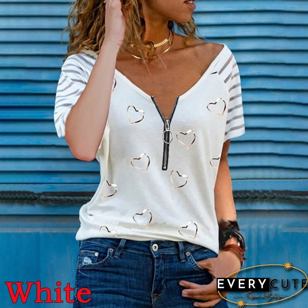 New Summer Fashion Women Striped Printed Short Sleeve Zipper V-Neck Casual Top Loose Soft And Thin Plus Size Shirt T-Shirt
