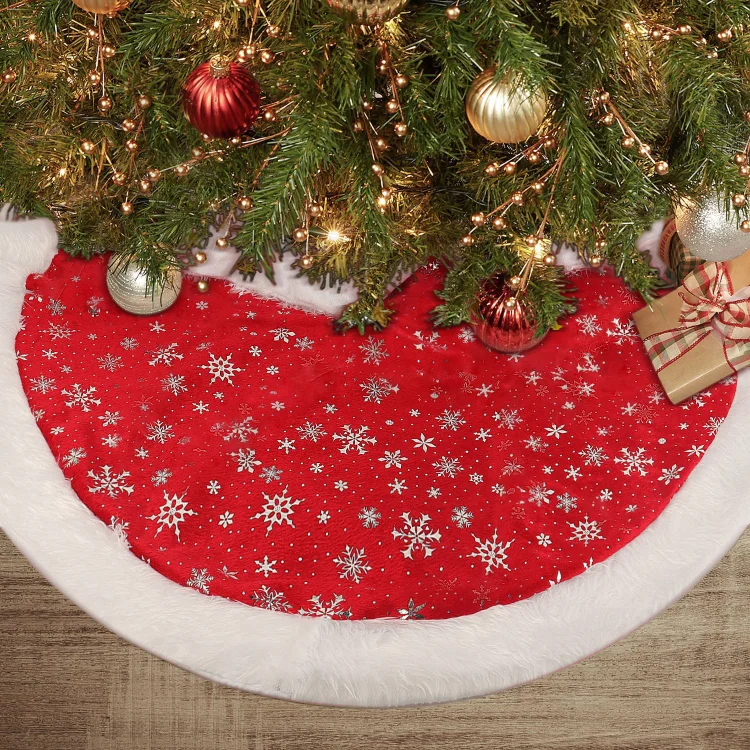 Christmas Tree Skirt 36 inches with Gold Snowflake Faux Fur Home Decor Winter Holiday Tree Mat Decoration
