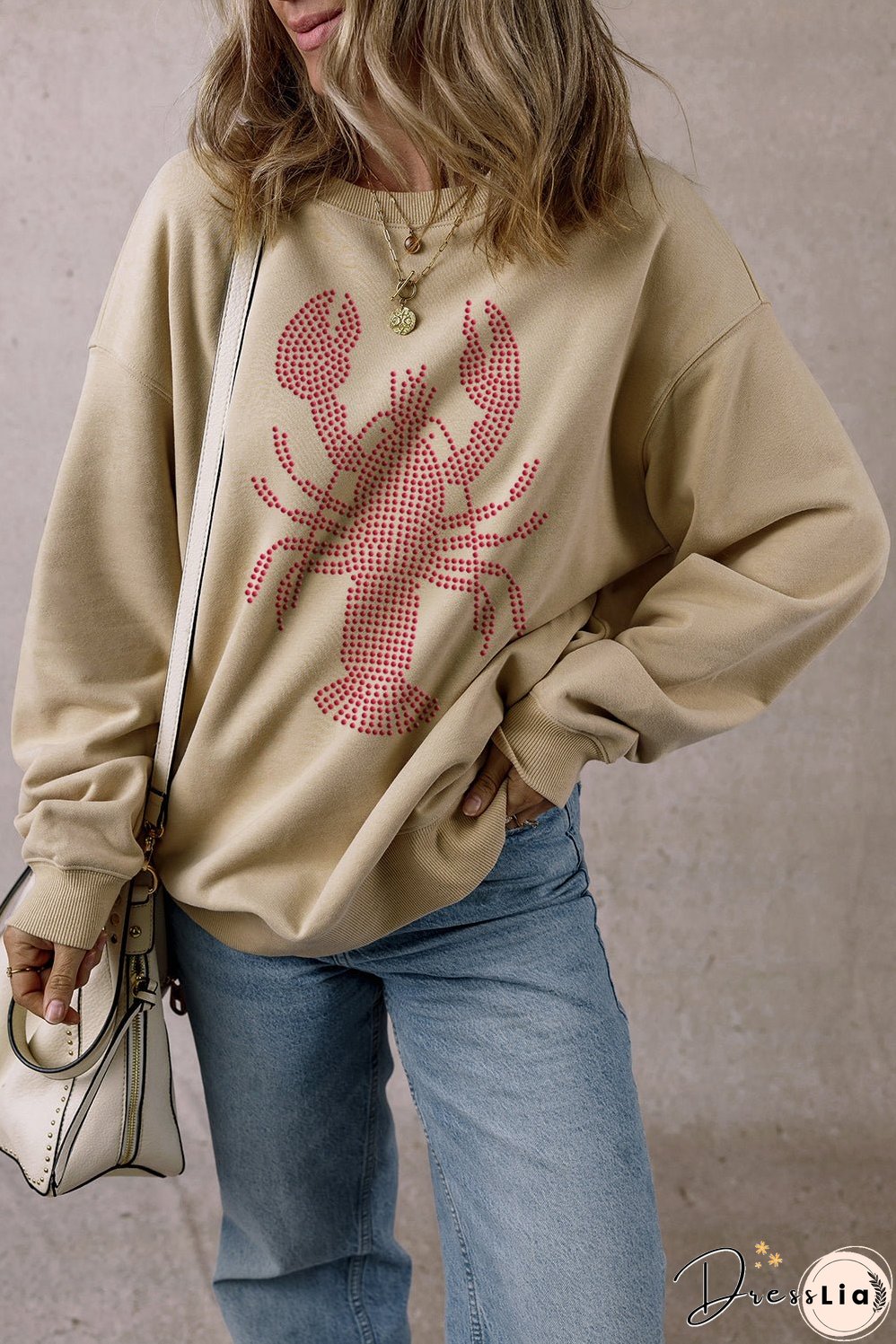 Parchment Rhinestone Crawfish Graphic Crewneck Oversized Sweatshirt