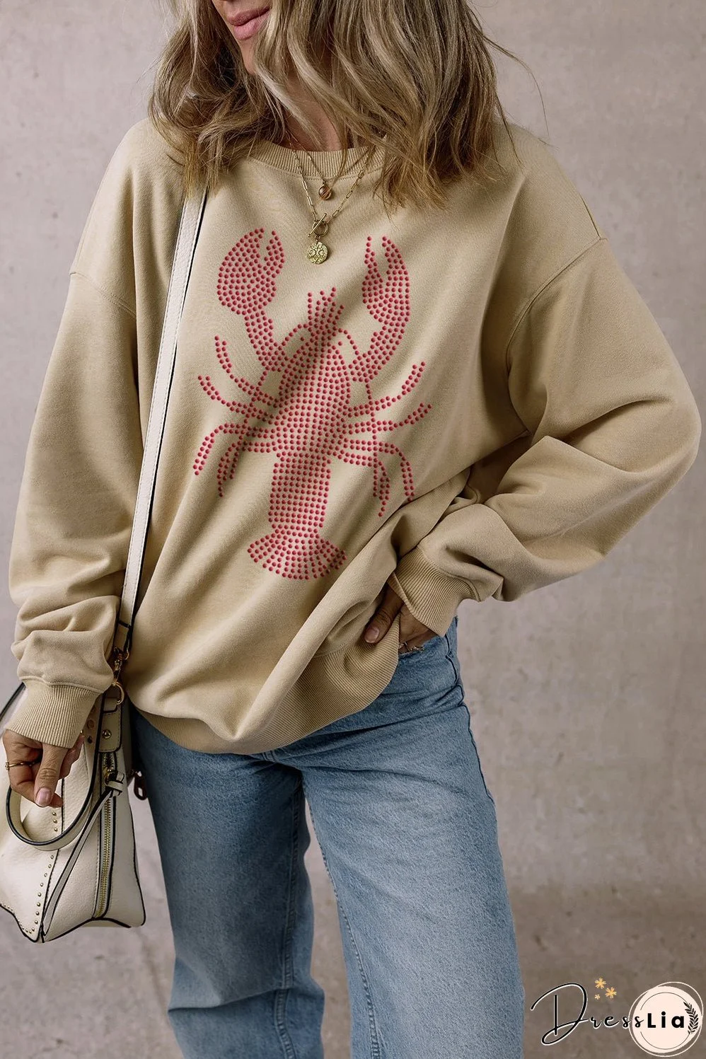 Parchment Rhinestone Crawfish Graphic Crewneck Oversized Sweatshirt
