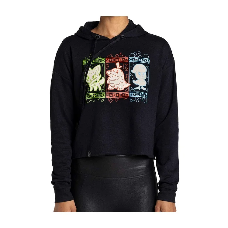 Pokémon Sprigatito & Fuecoco & Quaxly Black Crop Hoodie