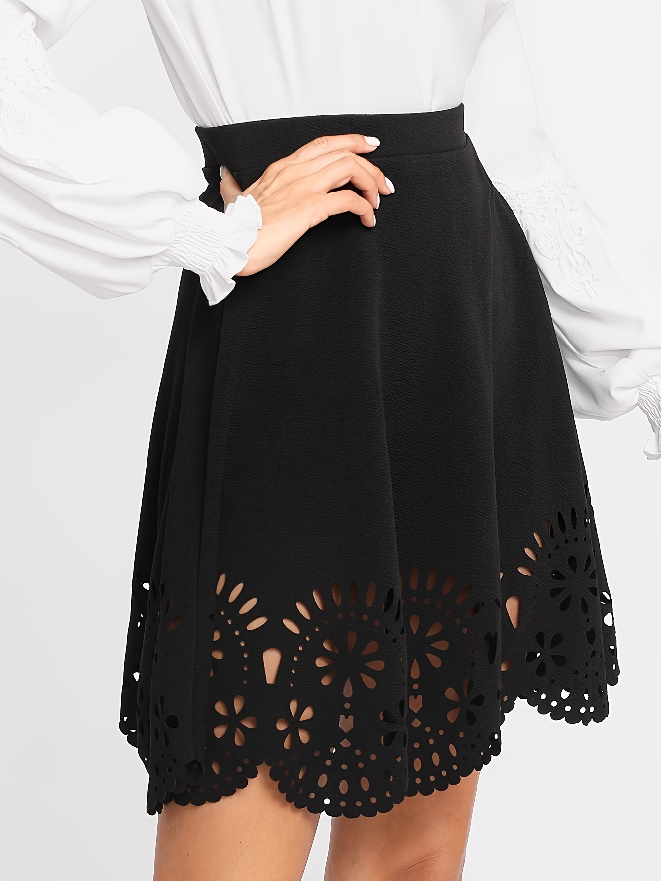 Women's Elegant Laser-Cut Floral Hem Skirt - High-Waisted A-Line Mini Skirt With Black Lace Detailing, White Blouse & Black Heels For Spring/Summer/Fall | IFYHOME