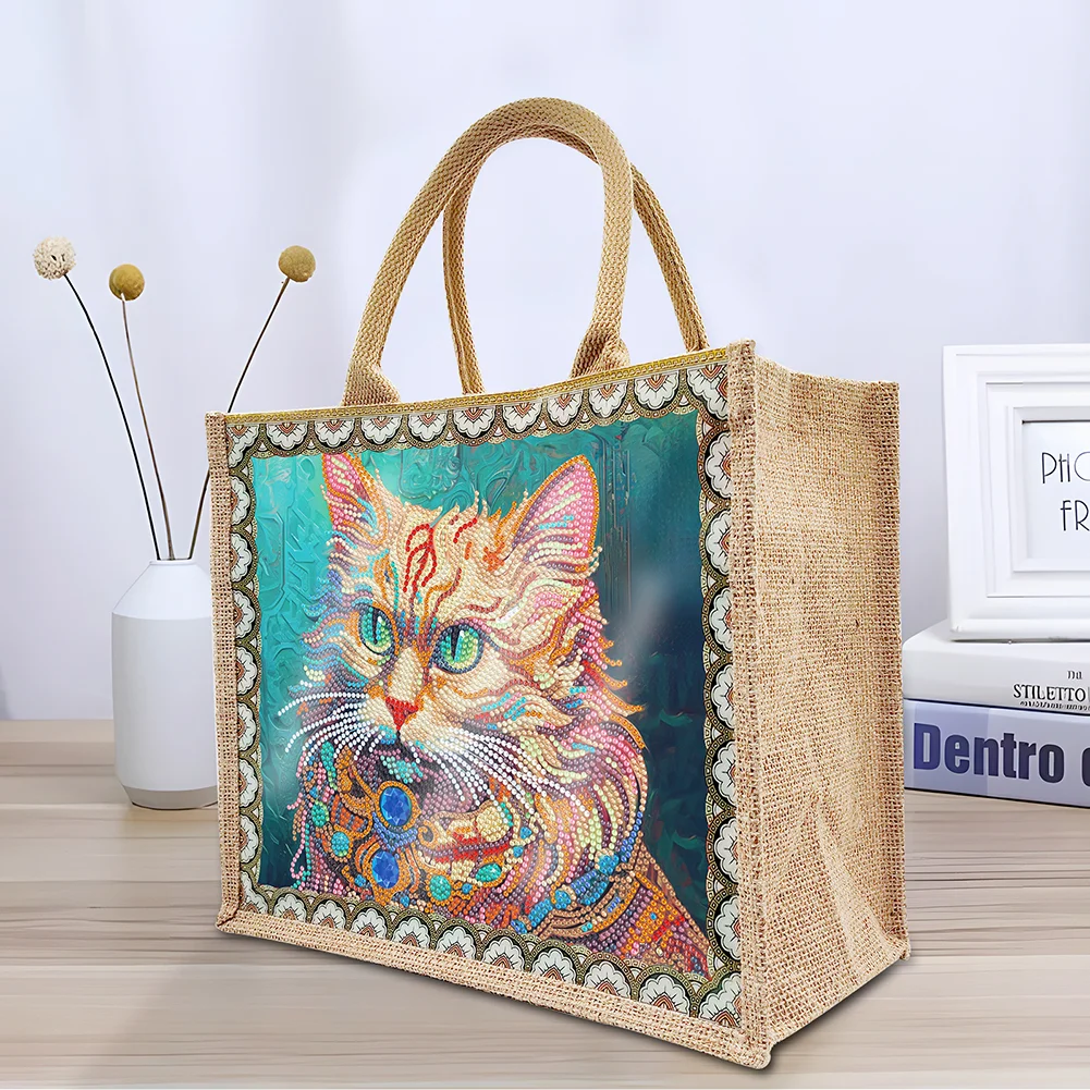 [Upgrade - Waterproof Bag]DIY Cat Linen Diamond Painting Tote Bag Replaceable Canvas for Women Adults
