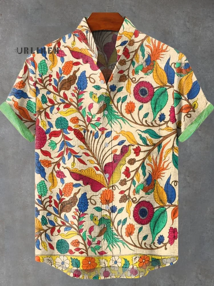 Vintage Indian Flower Art Print Casual 100% Cotton Shirt