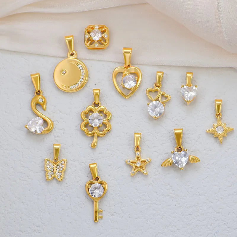 1 Piece 13.3*20.7mm 304 Stainless Steel Zircon 24K Gold Plated Star Heart Shape Butterfly Polished Pendant Jewelry Accessories