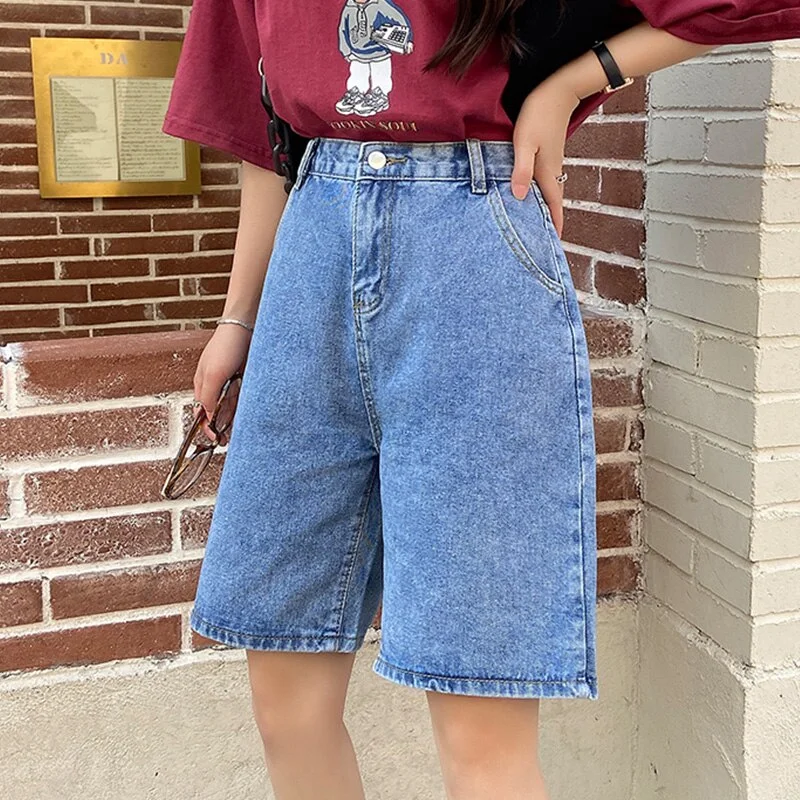 Ailegogo New Summer Women Vintage Wide Leg Straight Denim Shorts Streetwear Female Loose High Waist Retro Ladies Jeans Shorts