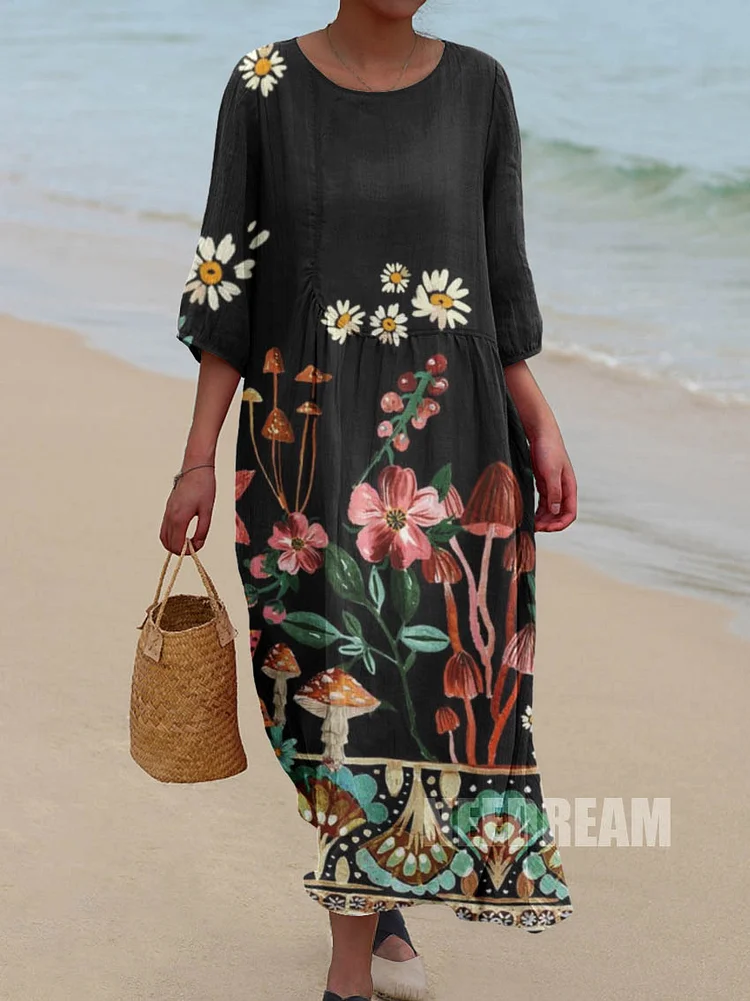 Womens Black Forest Floral Pattern Pocket Cotton Dress