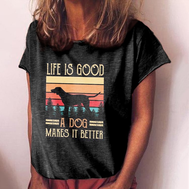 Artwishers Casual Contrast Dog Print Short Sleeve T-Shirt