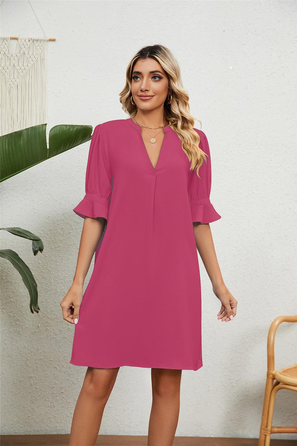 Mature Ladies Summer V-neck Loose Half-sleeve Dress