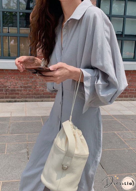 Plus Size Elegant Grey Blue Button Cotton Shirt Dress