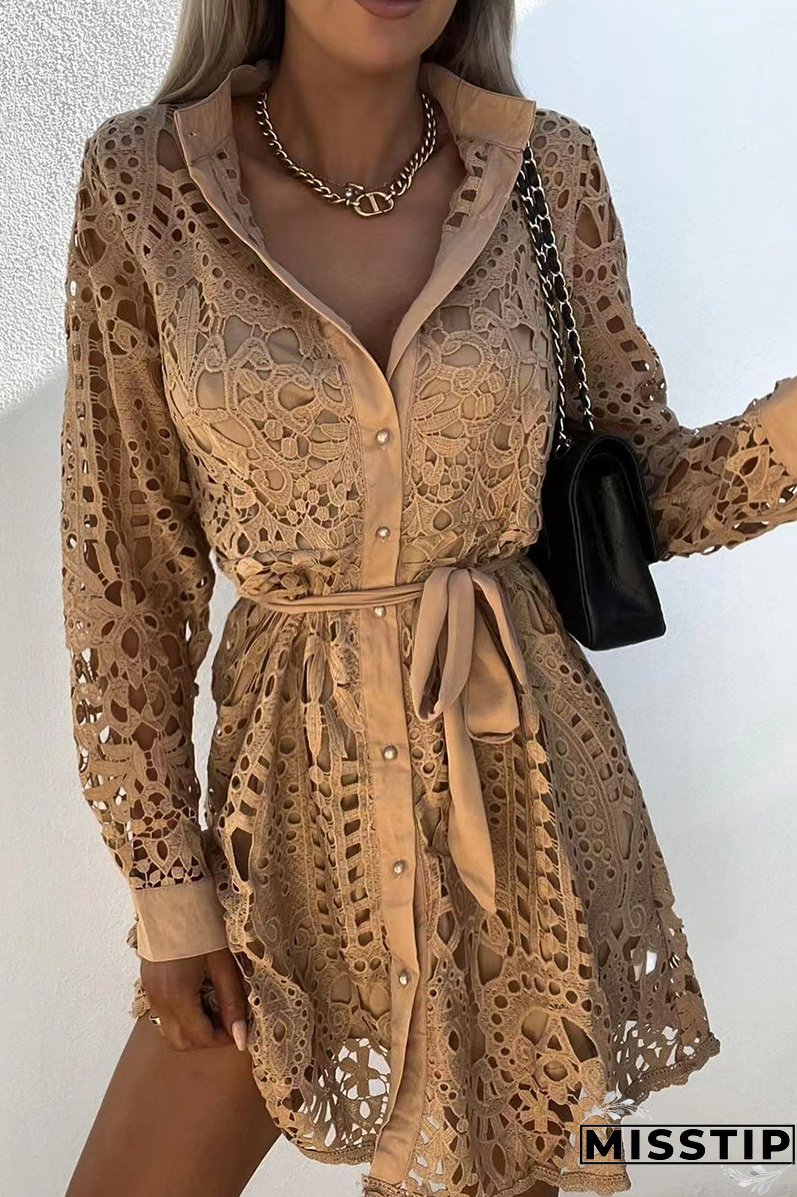 Casual Solid Lace Turndown Collar Waist Skirt Dresses(3 Colors)