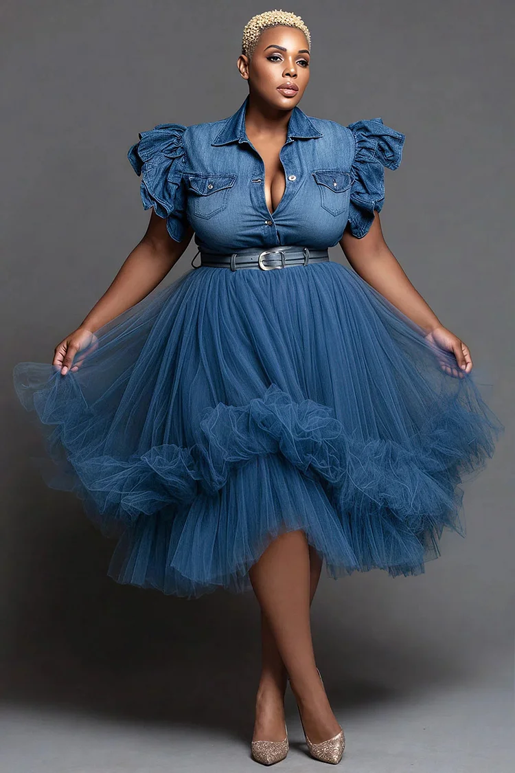 Xpluswear Design Plus Size Party Tulle Blue Shirt Collar Short Sleeve Contrast Elegant Tencel Denim Midi Dresses [Pre-Order] 2024 - Xpluswear