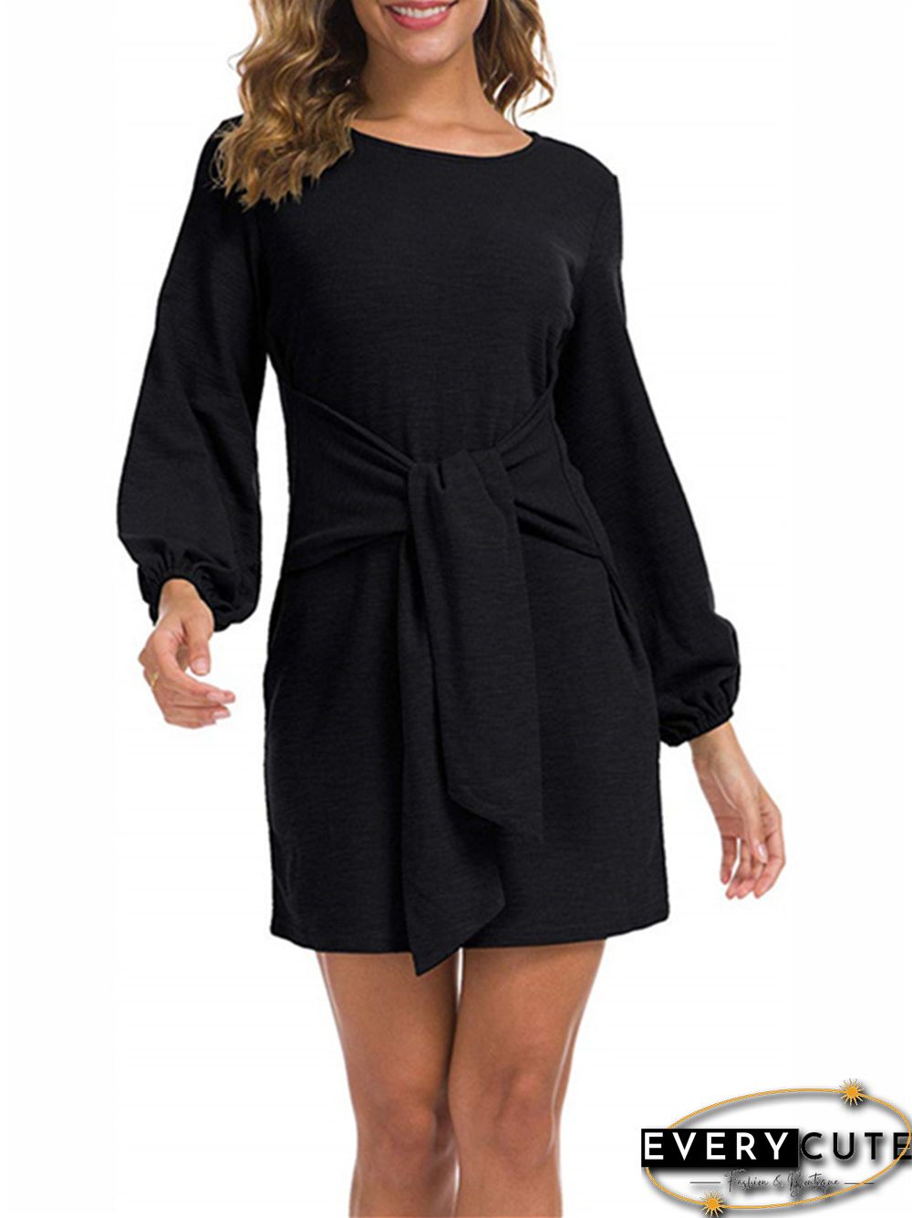 New Women's Waist Long Sleeve Strap Solid Color Dress