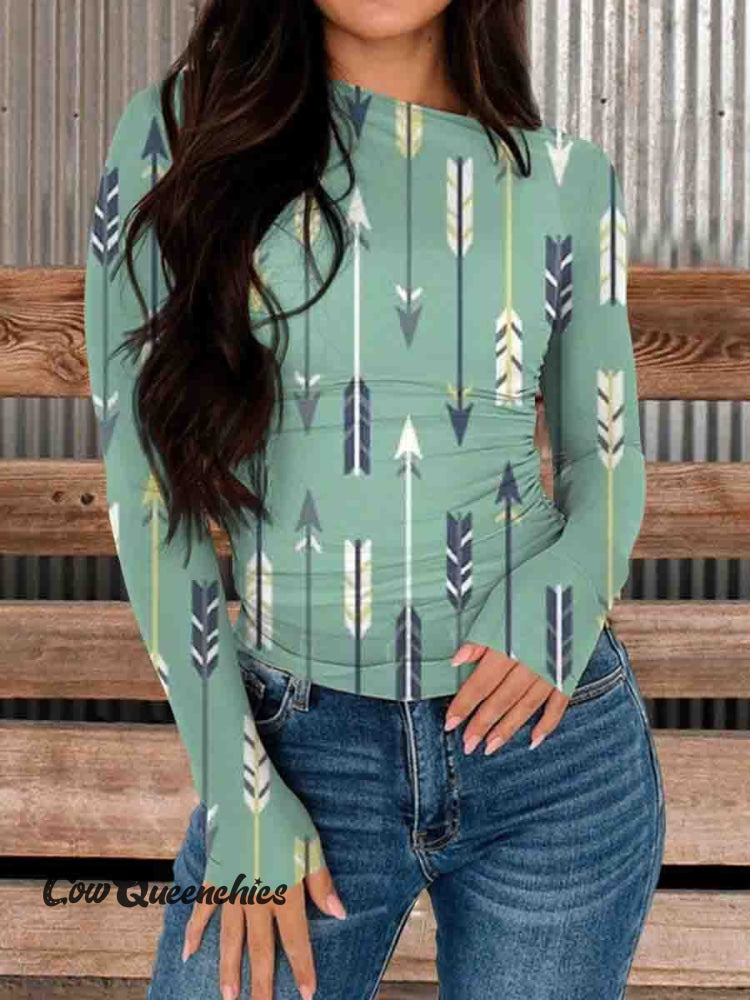 Women’s Vintage Boho Feather Print Long Sleeve Comfortable Stretch Mesh Top Multicolor / S