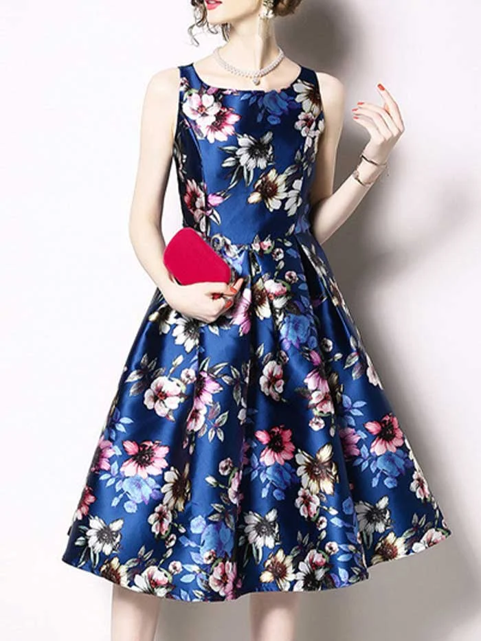 Women's new round neck thick satin flower big hem mid-length sleeveless dress