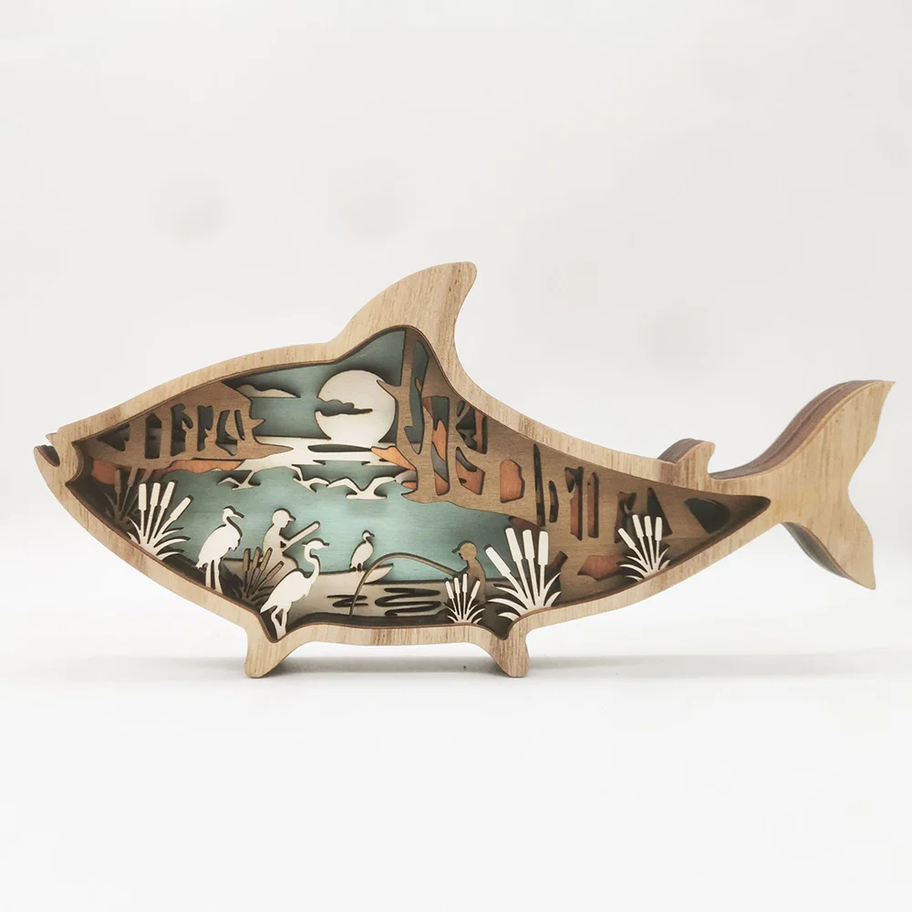 Purexcellent&trade; New ocean creative wooden desktop cute wood carved fish handicraft ornament