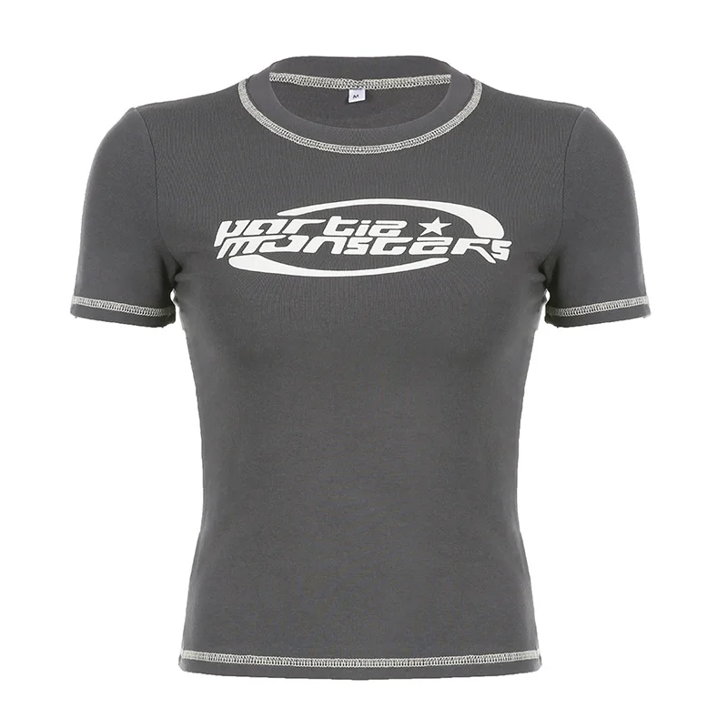 Ueong Style Spring And Summer Women's Wear 2024Ins Hot Girls Street Celebrities Gray Function Wind Printed Short-Sleeved T-Shirt Women
